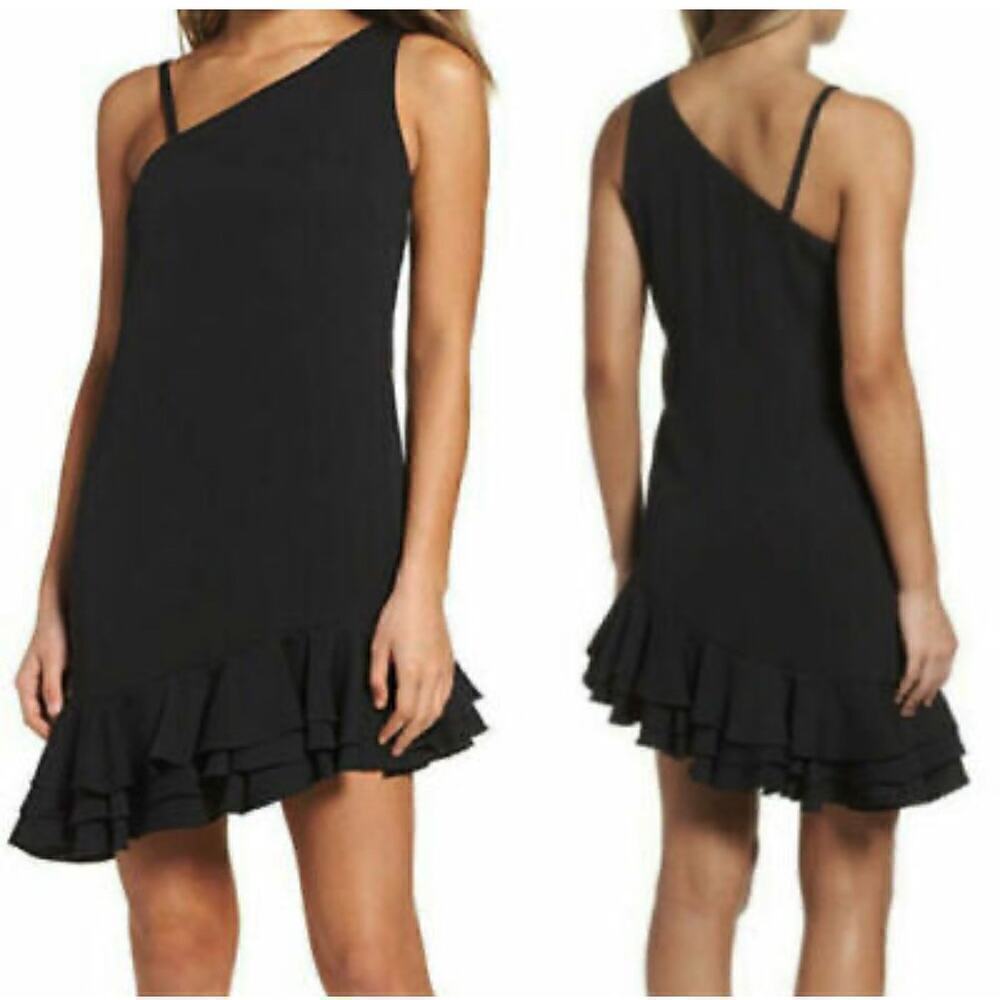 ☀️Ali & Jay Bar Nineteen Mini Dress One Shoulder Ruffle Hem Black Womens Medium